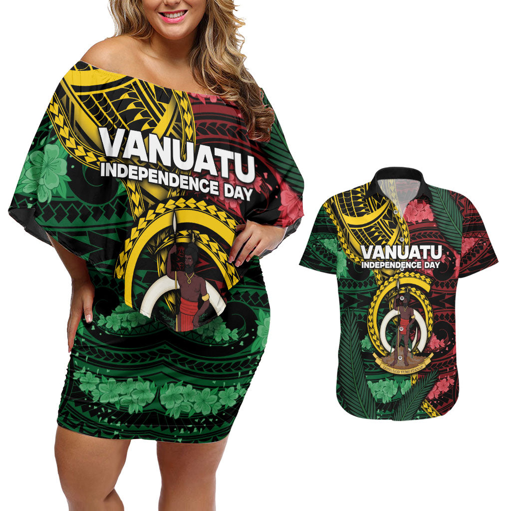 Personalised Vanuatu Independence Day Couples Matching Off Shoulder Short Dress and Hawaiian Shirt Boar Tusk Warrior Tribal Floral Patterns