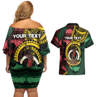 Personalised Vanuatu Independence Day Couples Matching Off Shoulder Short Dress and Hawaiian Shirt Boar Tusk Warrior Tribal Floral Patterns