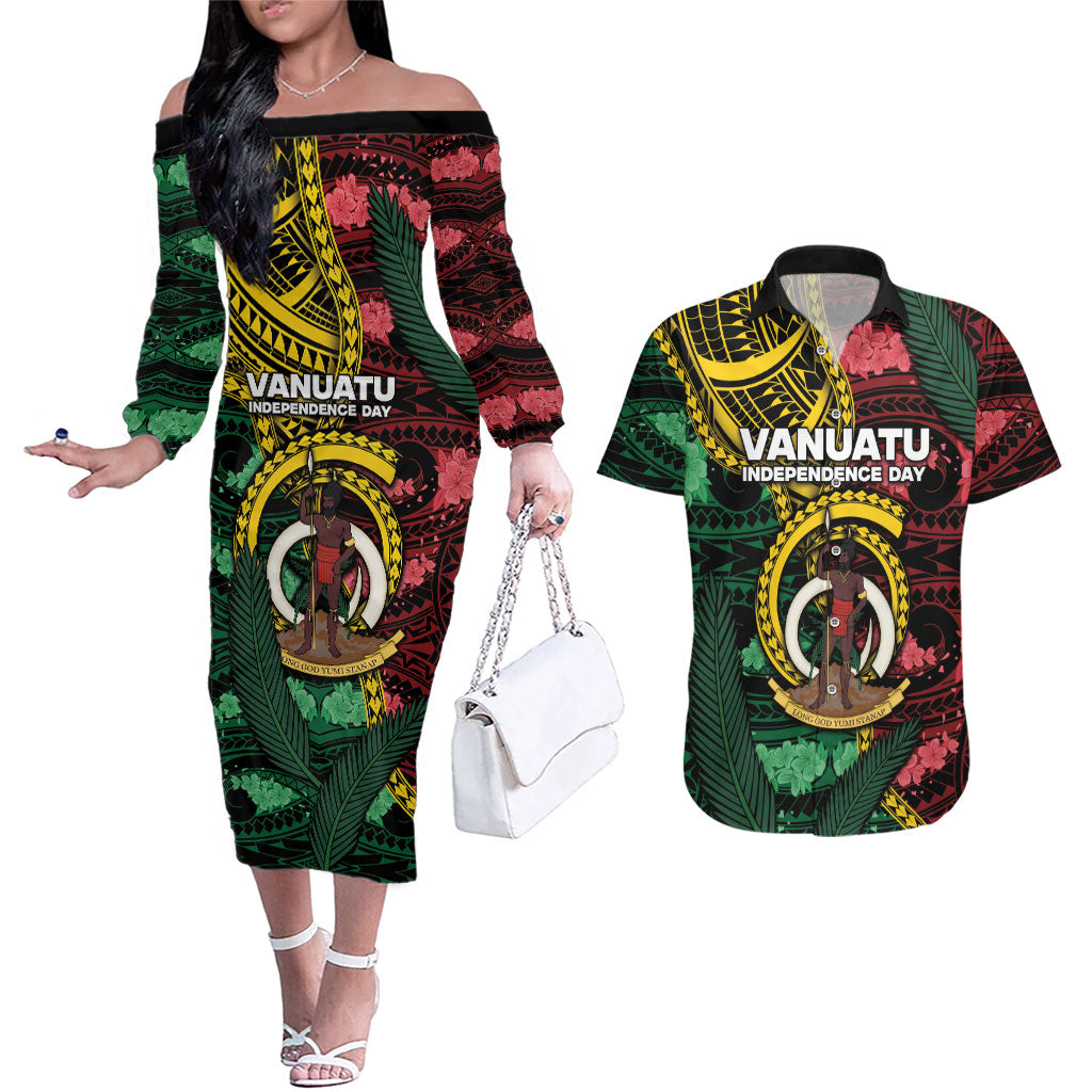 Personalised Vanuatu Independence Day Couples Matching Off The Shoulder Long Sleeve Dress and Hawaiian Shirt Boar Tusk Warrior Tribal Floral Patterns