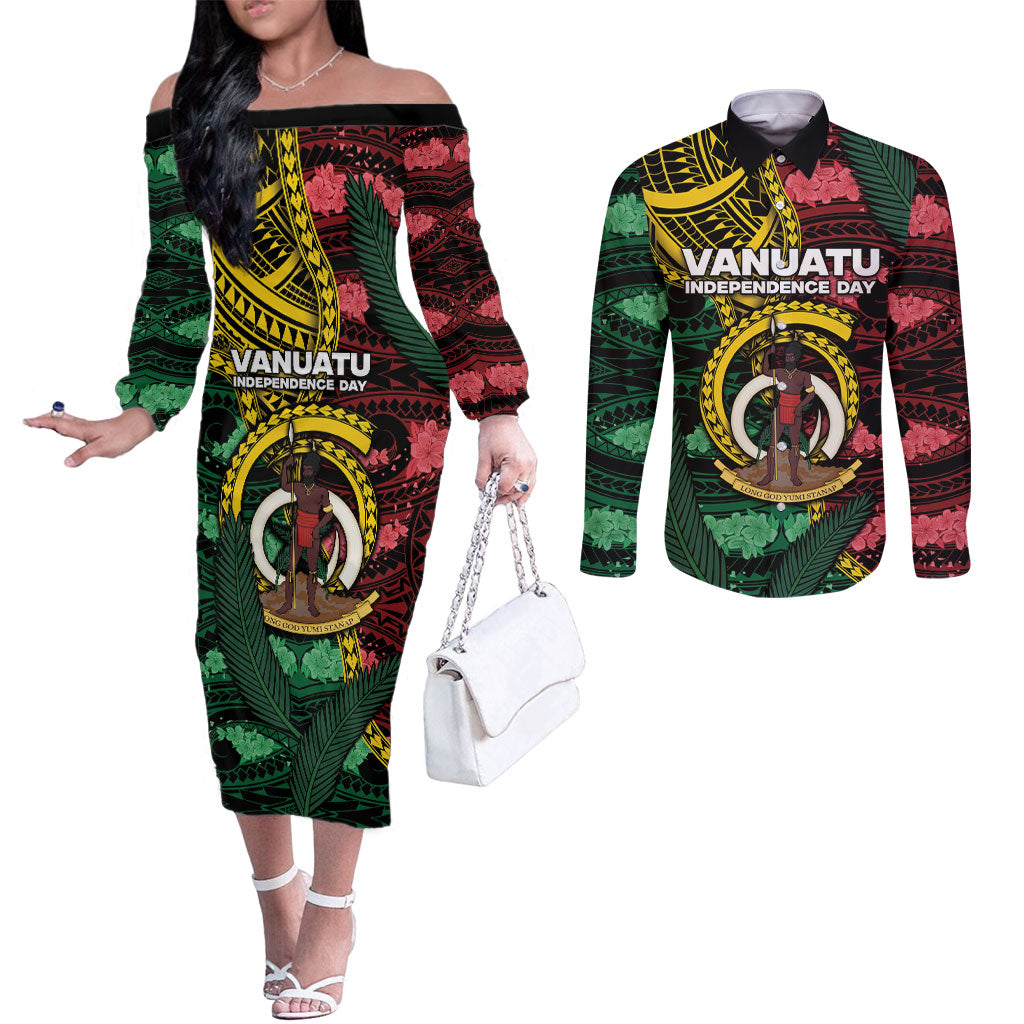 Personalised Vanuatu Independence Day Couples Matching Off The Shoulder Long Sleeve Dress and Long Sleeve Button Shirt Boar Tusk Warrior Tribal Floral Patterns