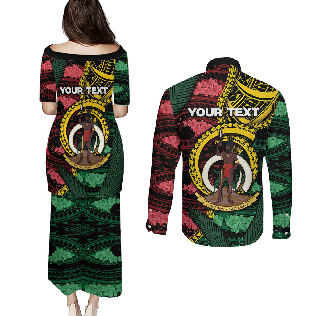 Personalised Vanuatu Independence Day Couples Matching Puletasi and Long Sleeve Button Shirt Boar Tusk Warrior Tribal Floral Patterns
