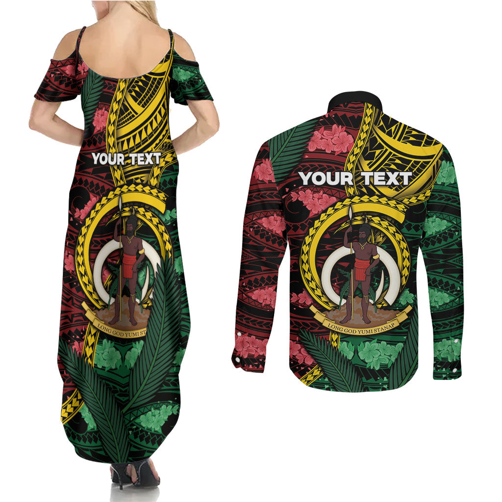 Personalised Vanuatu Independence Day Couples Matching Summer Maxi Dress and Long Sleeve Button Shirt Boar Tusk Warrior Tribal Floral Patterns