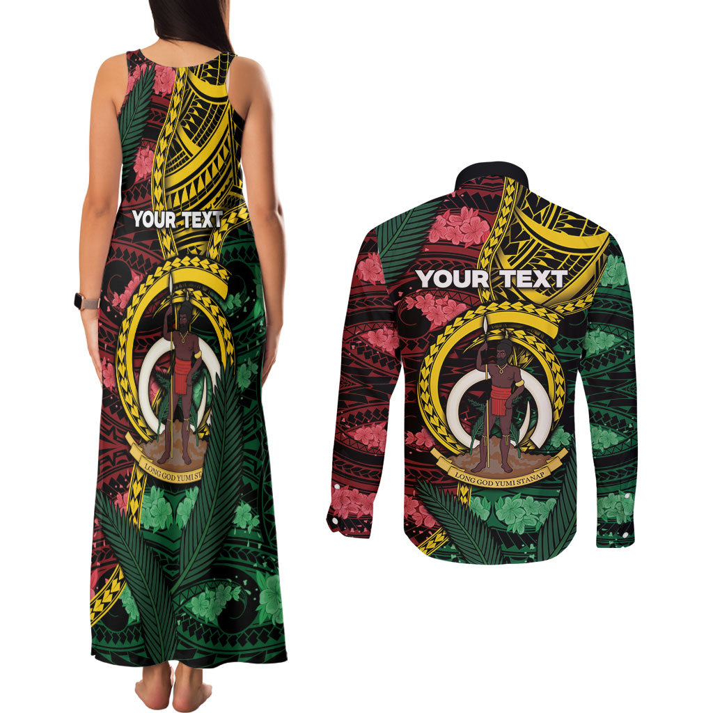 Personalised Vanuatu Independence Day Couples Matching Tank Maxi Dress and Long Sleeve Button Shirt Boar Tusk Warrior Tribal Floral Patterns