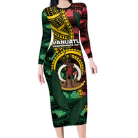 Personalised Vanuatu Independence Day Family Matching Long Sleeve Bodycon Dress and Hawaiian Shirt Boar Tusk Warrior Tribal Floral Patterns