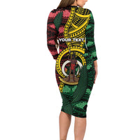 Personalised Vanuatu Independence Day Family Matching Long Sleeve Bodycon Dress and Hawaiian Shirt Boar Tusk Warrior Tribal Floral Patterns