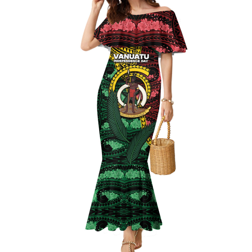 Personalised Vanuatu Independence Day Family Matching Mermaid Dress and Hawaiian Shirt Boar Tusk Warrior Tribal Floral Patterns