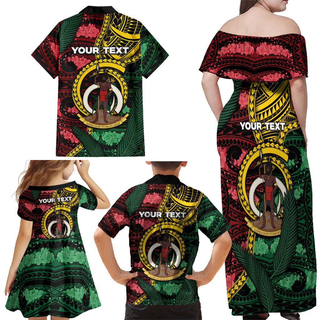 Personalised Vanuatu Independence Day Family Matching Off Shoulder Maxi Dress and Hawaiian Shirt Boar Tusk Warrior Tribal Floral Patterns