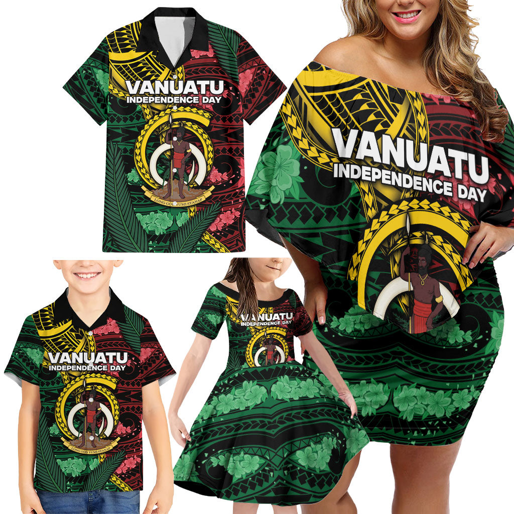 Personalised Vanuatu Independence Day Family Matching Off Shoulder Short Dress and Hawaiian Shirt Boar Tusk Warrior Tribal Floral Patterns