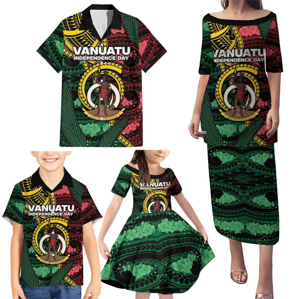 Personalised Vanuatu Independence Day Family Matching Puletasi and Hawaiian Shirt Boar Tusk Warrior Tribal Floral Patterns