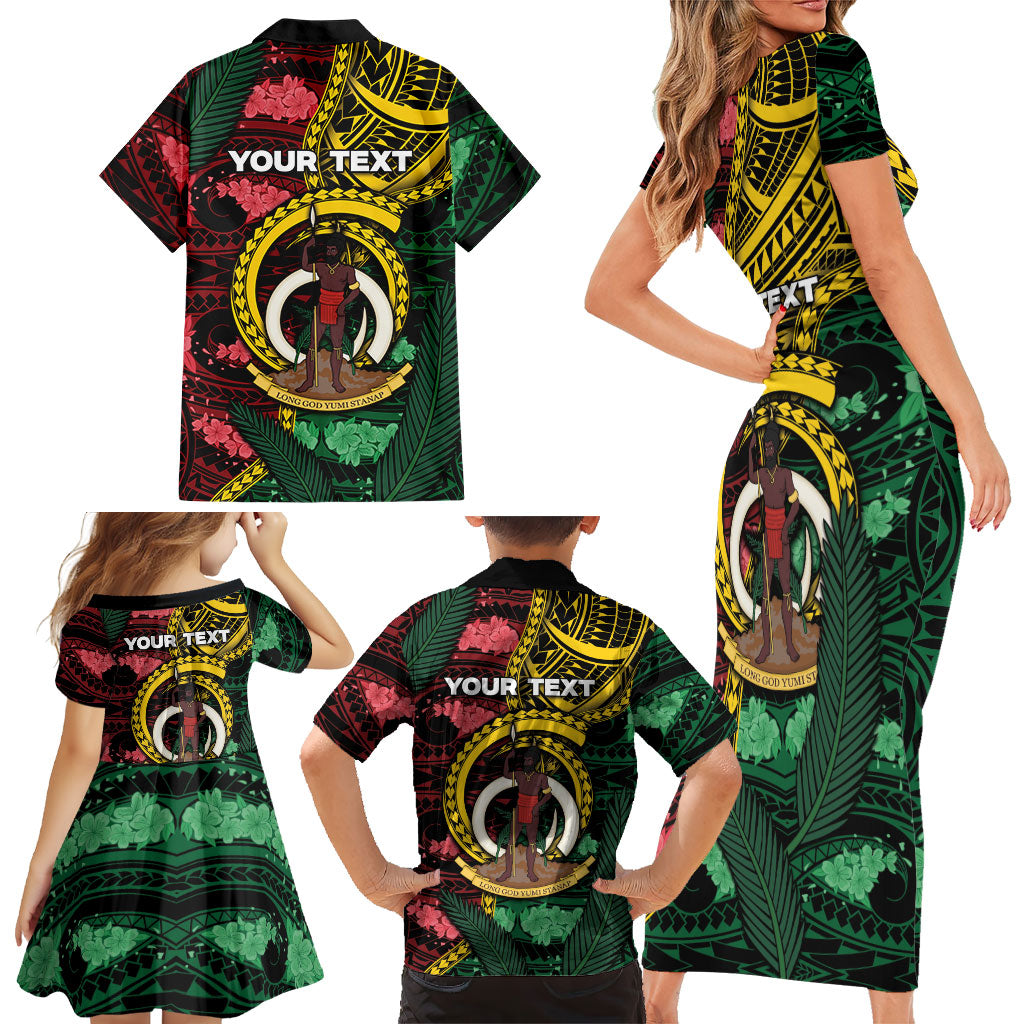 Personalised Vanuatu Independence Day Family Matching Short Sleeve Bodycon Dress and Hawaiian Shirt Boar Tusk Warrior Tribal Floral Patterns