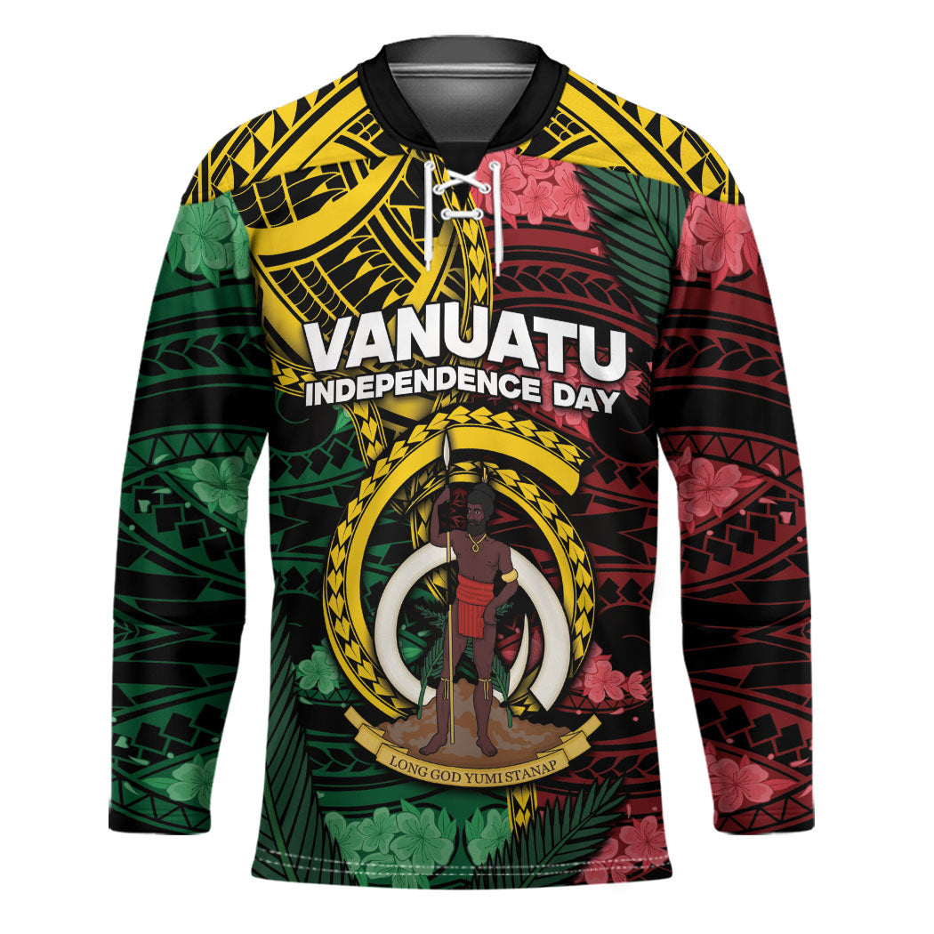 Personalised Vanuatu Independence Day Hockey Jersey Boar Tusk Warrior Tribal Floral Patterns