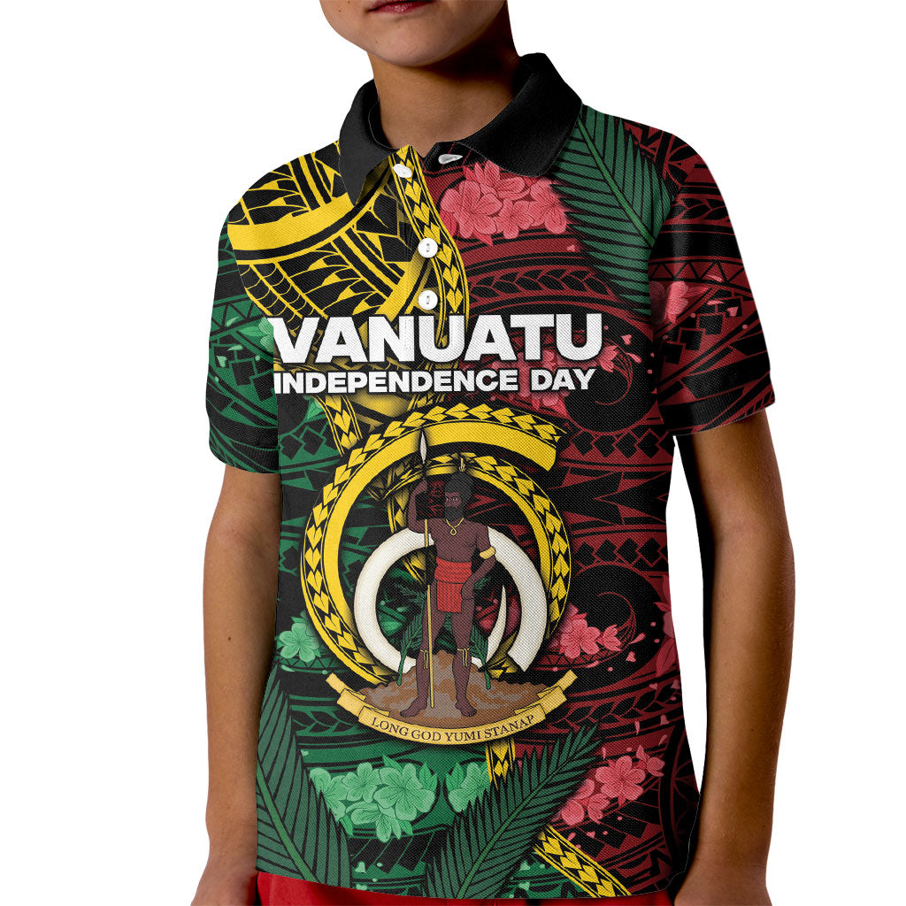 Personalised Vanuatu Independence Day Kid Polo Shirt Boar Tusk Warrior Tribal Floral Patterns