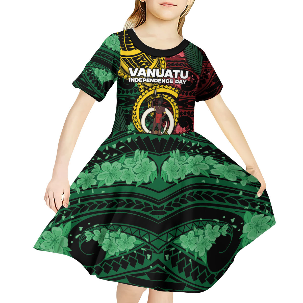 Personalised Vanuatu Independence Day Kid Short Sleeve Dress Boar Tusk Warrior Tribal Floral Patterns