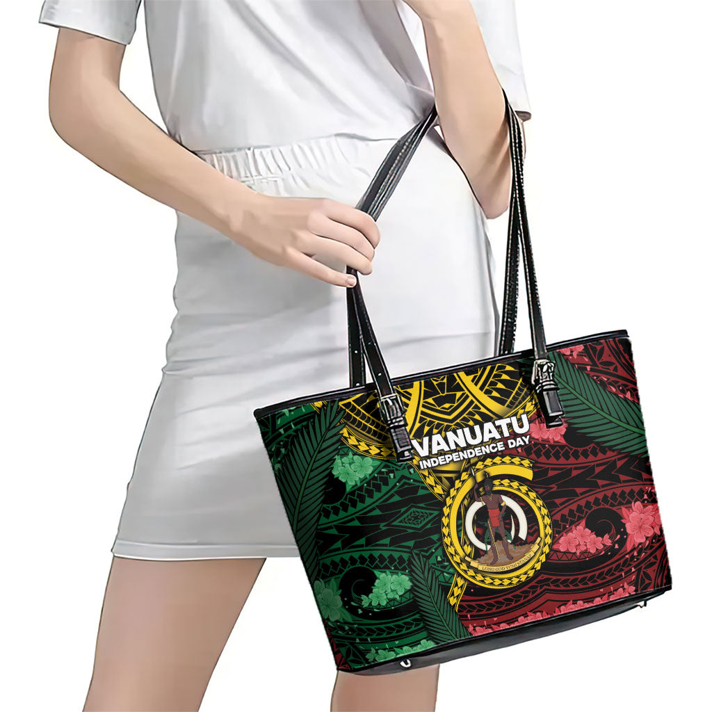 Vanuatu Independence Day Leather Tote Bag Boar Tusk Warrior Tribal Floral Patterns
