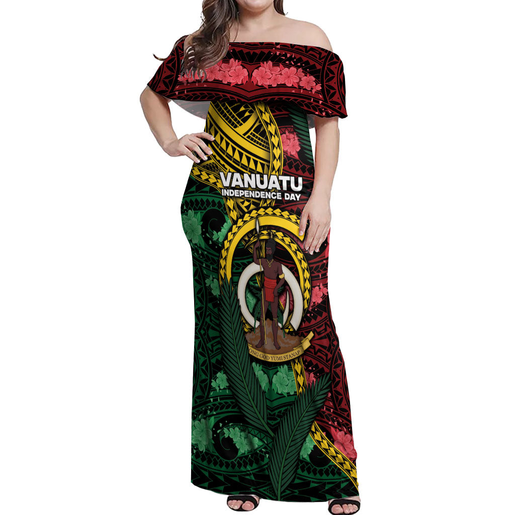 Personalised Vanuatu Independence Day Off Shoulder Maxi Dress Boar Tusk Warrior Tribal Floral Patterns