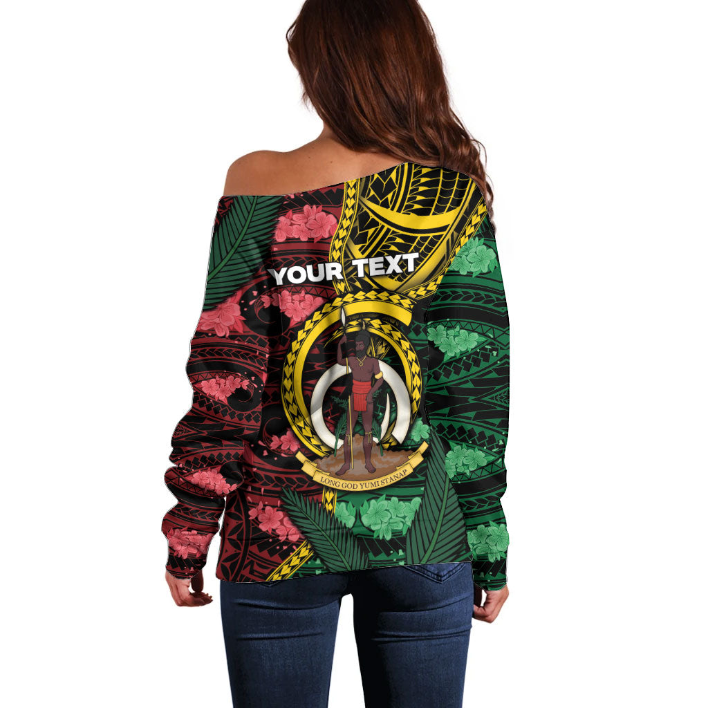 Personalised Vanuatu Independence Day Off Shoulder Sweater Boar Tusk Warrior Tribal Floral Patterns