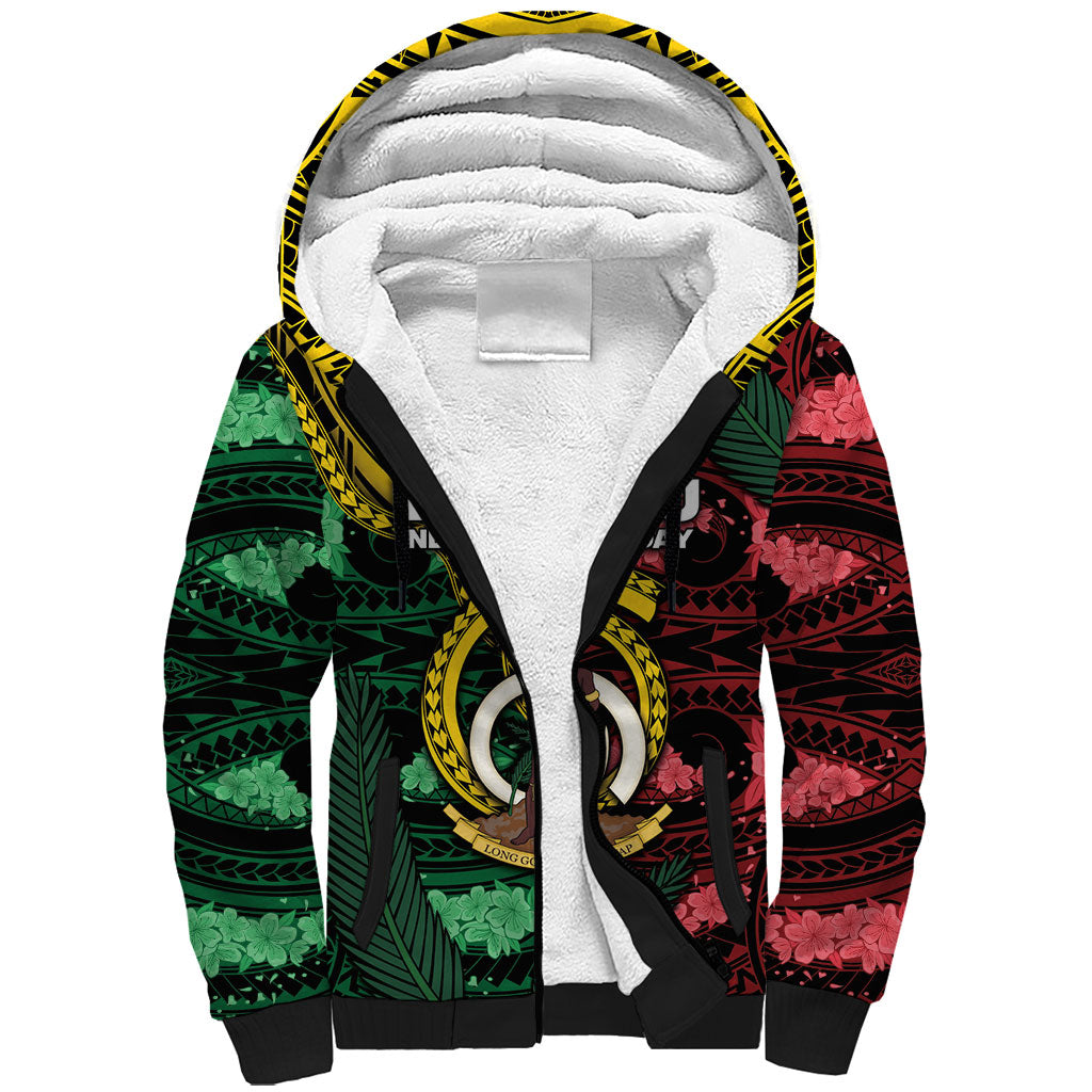 Personalised Vanuatu Independence Day Sherpa Hoodie Boar Tusk Warrior Tribal Floral Patterns
