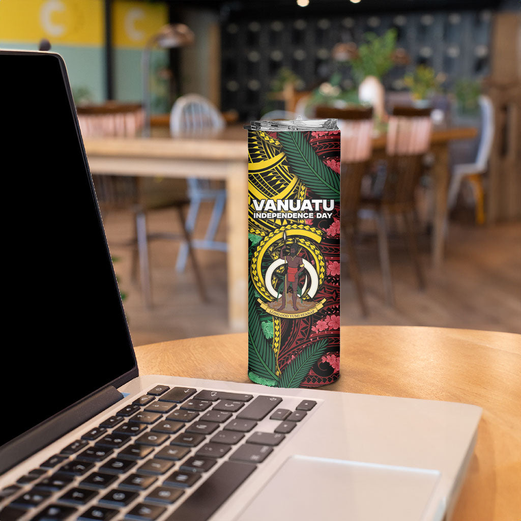 Personalised Vanuatu Independence Day Skinny Tumbler Boar Tusk Warrior Tribal Floral Patterns