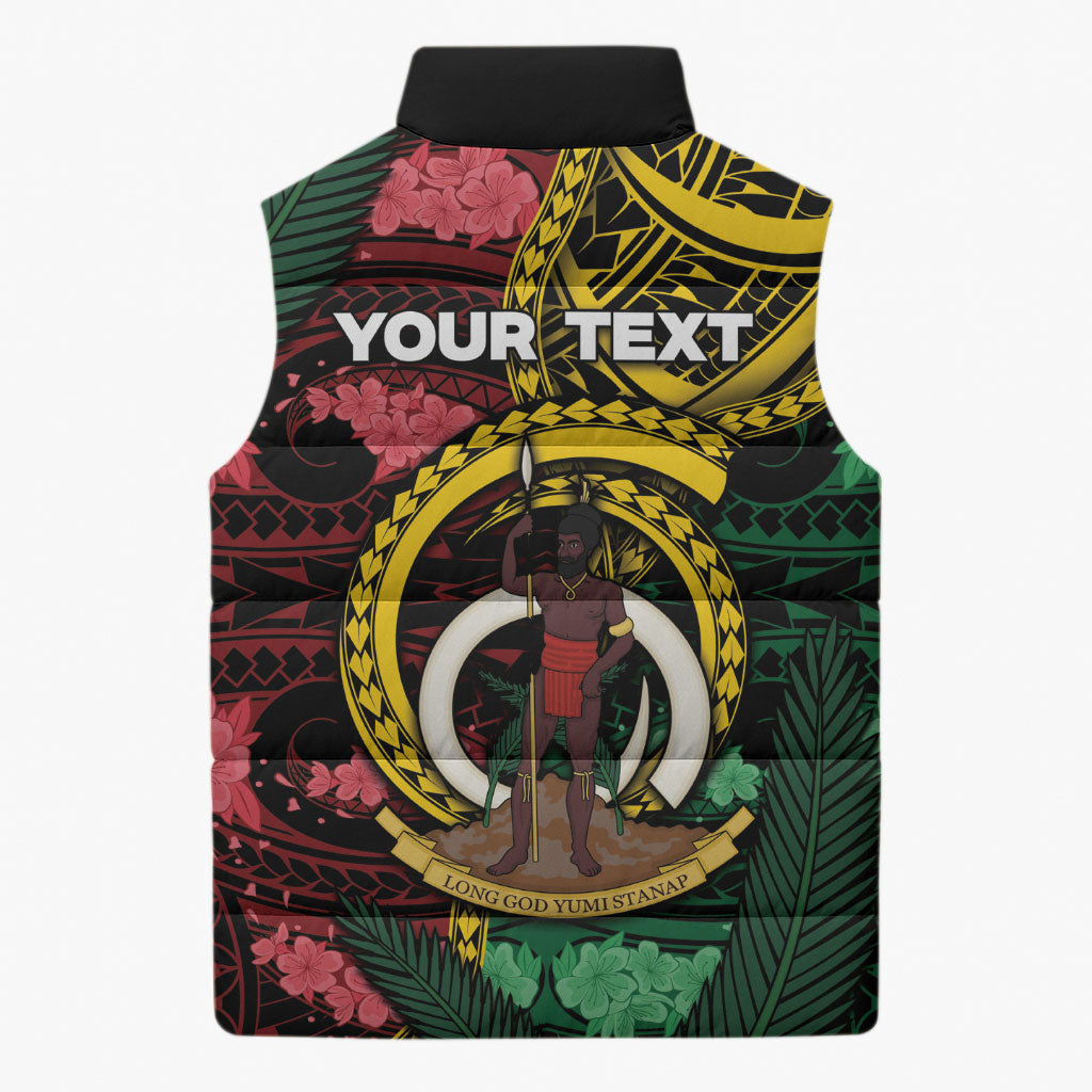 Personalised Vanuatu Independence Day Sleeveless Puffer Jacket Boar Tusk Warrior Tribal Floral Patterns