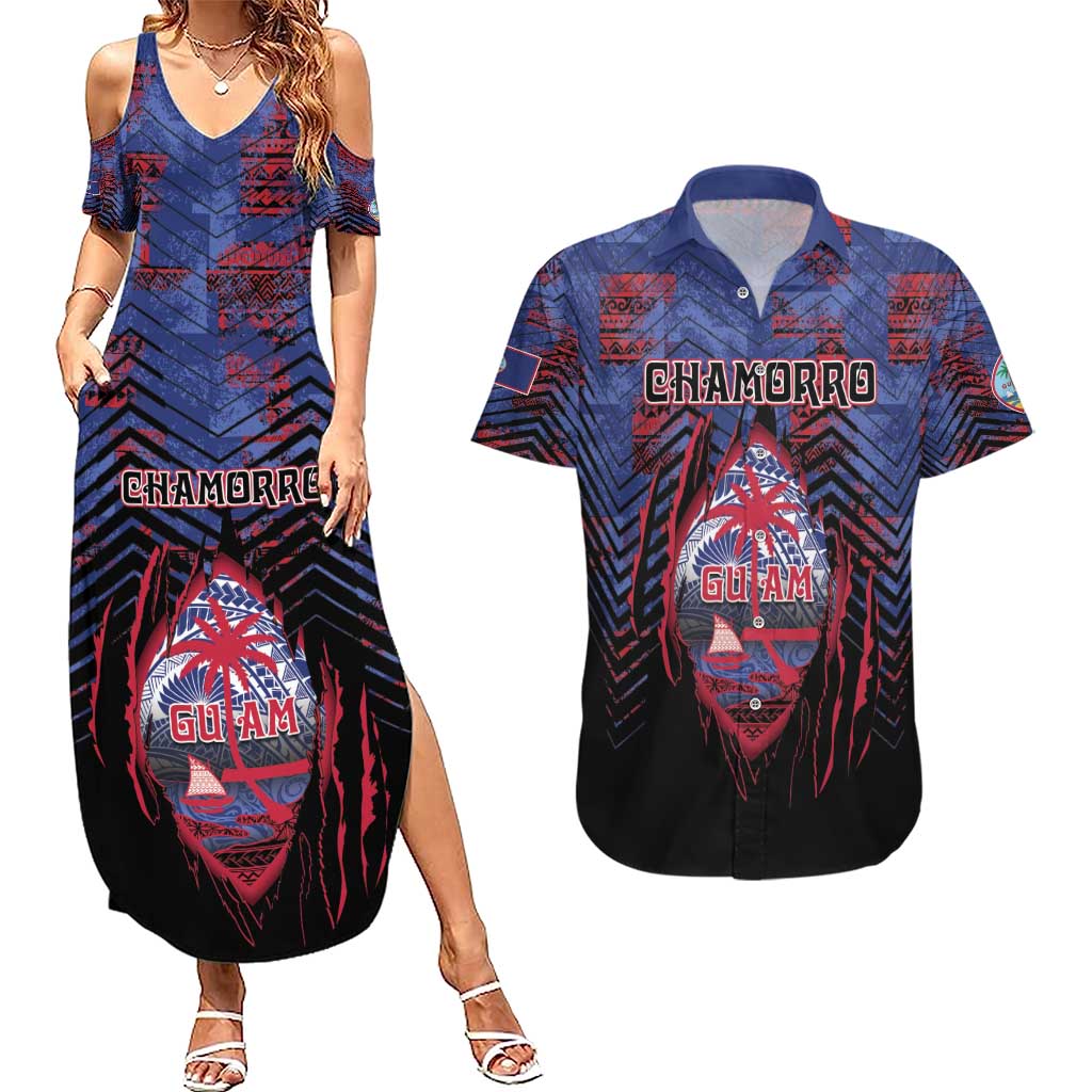 Personalised Guam Couples Matching Summer Maxi Dress and Hawaiian Shirt Chamorro Seal Tribal Scratch Design - Polynesian Pride