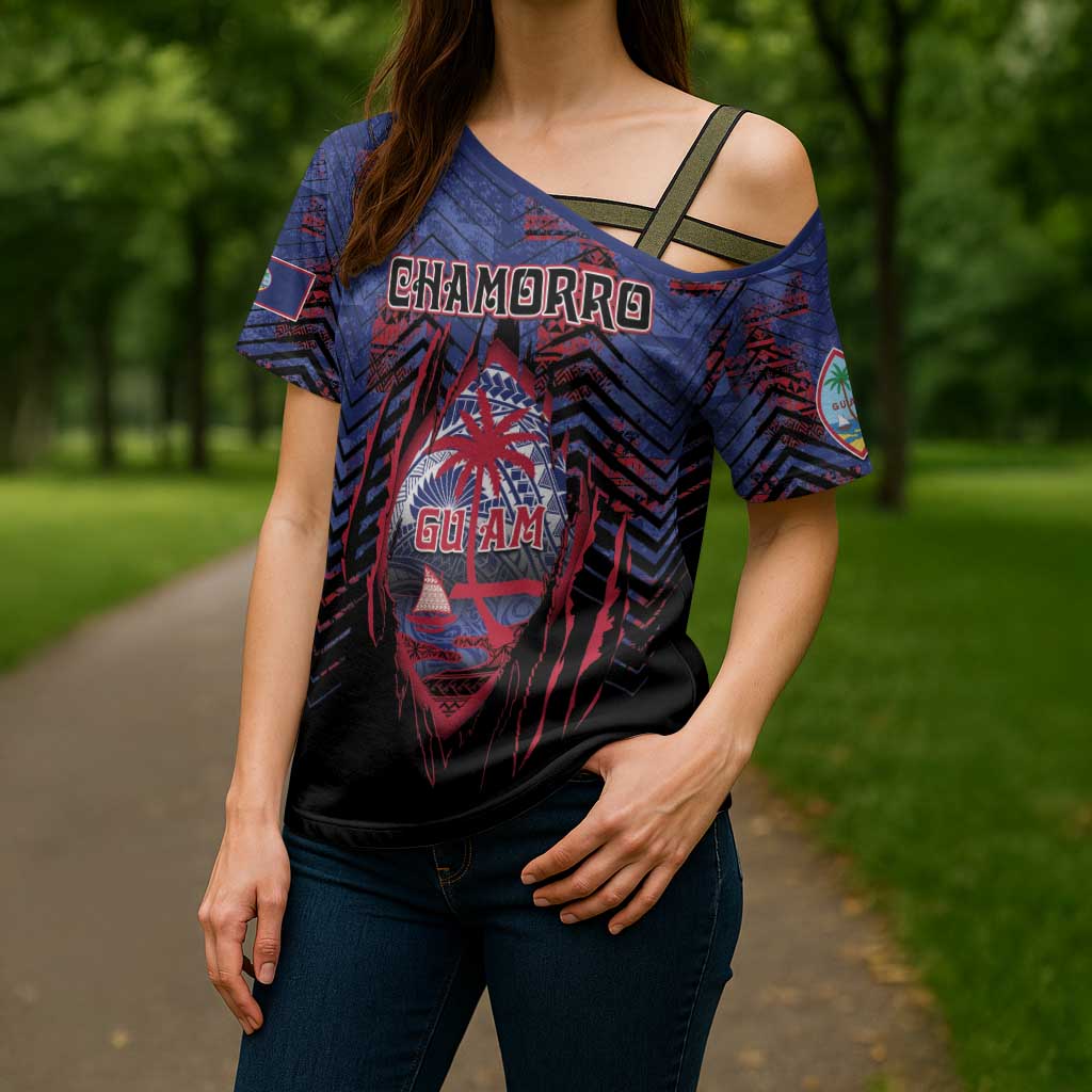 Personalised Guam Cross Shoulder Shirt Chamorro Seal Tribal Scratch Design - Polynesian Pride