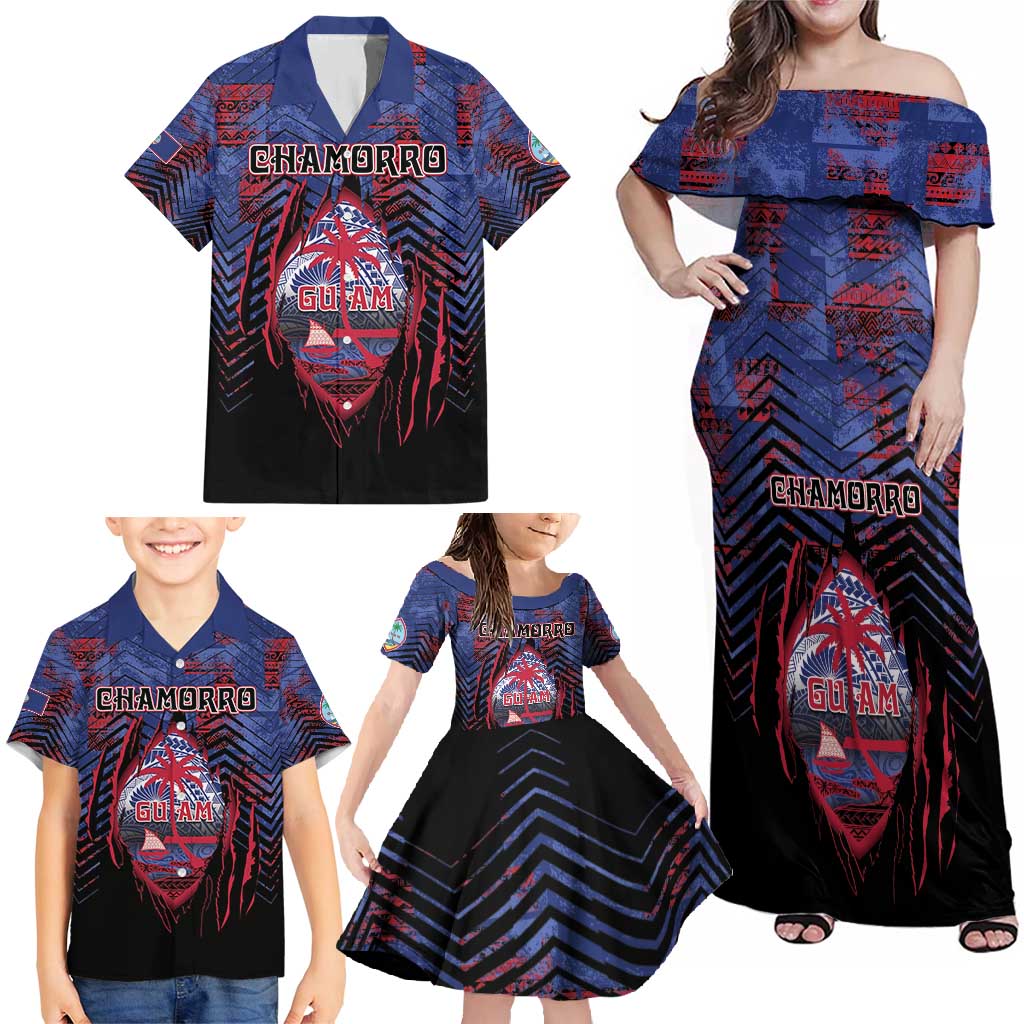 Personalised Guam Family Matching Off Shoulder Maxi Dress and Hawaiian Shirt Chamorro Seal Tribal Scratch Design - Polynesian Pride
