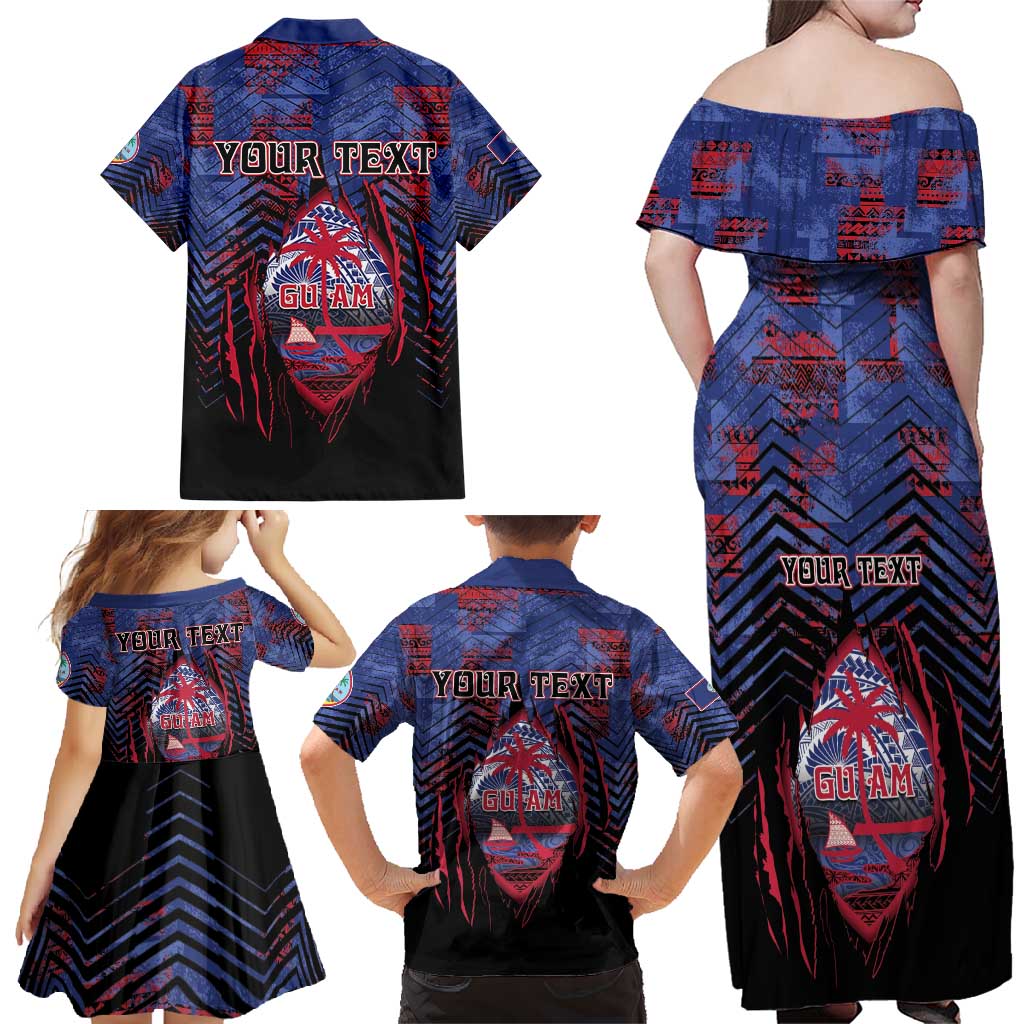 Personalised Guam Family Matching Off Shoulder Maxi Dress and Hawaiian Shirt Chamorro Seal Tribal Scratch Design - Polynesian Pride