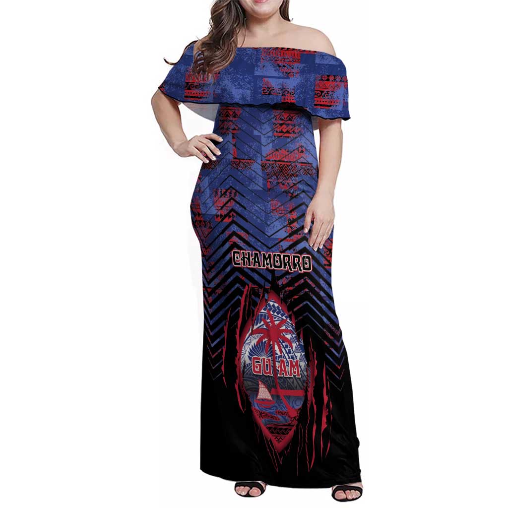 Personalised Guam Family Matching Off Shoulder Maxi Dress and Hawaiian Shirt Chamorro Seal Tribal Scratch Design - Polynesian Pride