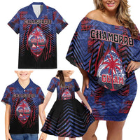 Personalised Guam Family Matching Off Shoulder Short Dress and Hawaiian Shirt Chamorro Seal Tribal Scratch Design - Polynesian Pride