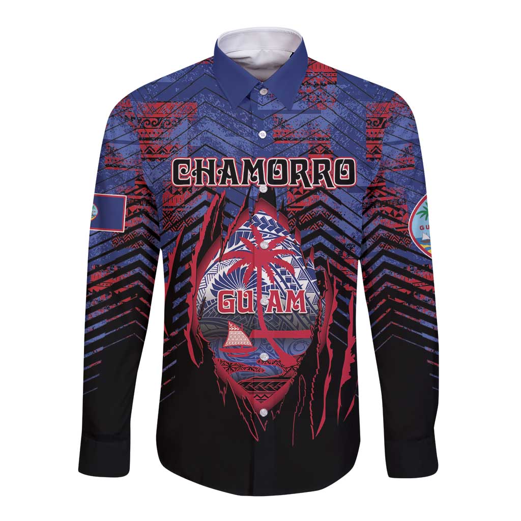 Personalised Guam Long Sleeve Button Shirt Chamorro Seal Tribal Scratch Design - Polynesian Pride