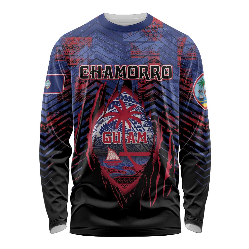 Personalised Guam Long Sleeve Shirt Chamorro Seal Tribal Scratch Design - Polynesian Pride