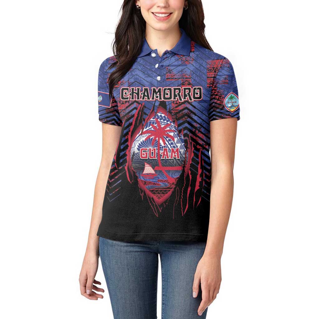 Personalised Guam Women Polo Shirt Chamorro Seal Tribal Scratch Design - Polynesian Pride