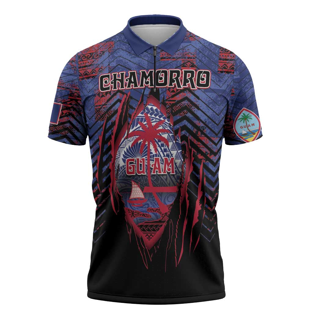 Personalised Guam Zipper Polo Shirt Chamorro Seal Tribal Scratch Design - Polynesian Pride