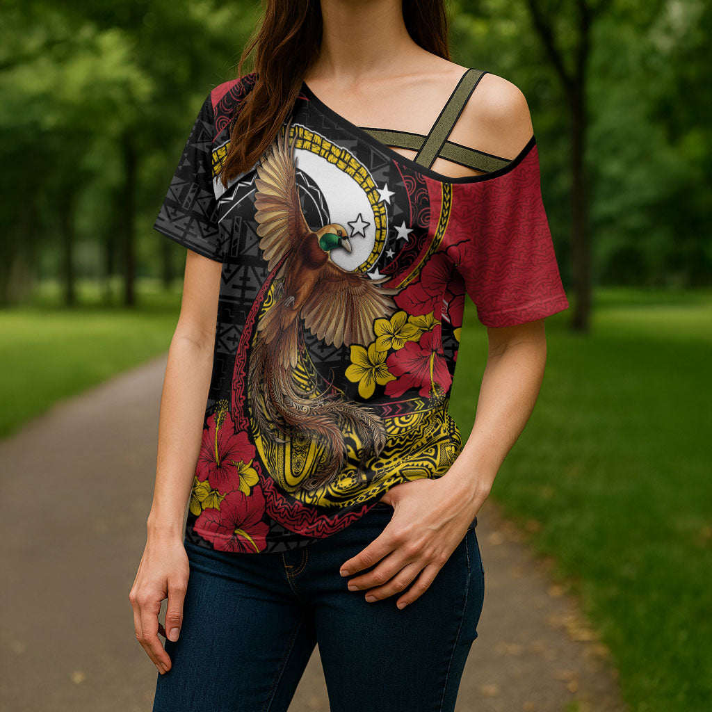 Personalised Papua New Guinea Language Week Cross Shoulder Shirt Bird Of Paradise Tribal Floral Pattern DT05 - Polynesian Pride