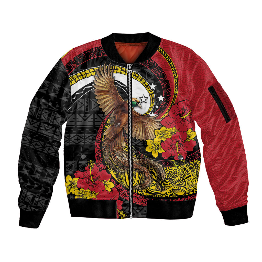 Personalised Papua New Guinea Language Week Sleeve Zip Bomber Jacket Bird Of Paradise Tribal Floral Pattern DT05 Unisex Black - Polynesian Pride