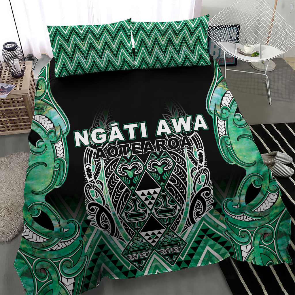 Aotearoa Ngati Awa Bedding Set Maori Tribal Green Marble Paua Shell Pattern DT05 - Polynesian Pride