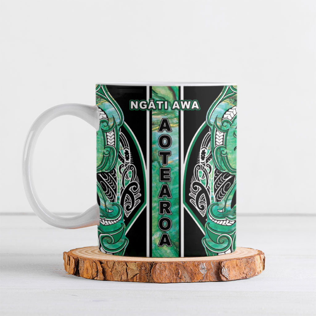 Aotearoa Ngati Awa Ceramic Mug Maori Tribal Green Marble Paua Shell Pattern
