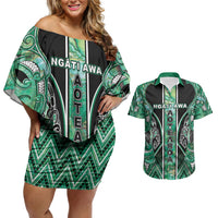 Aotearoa Ngati Awa Couples Matching Off Shoulder Short Dress and Hawaiian Shirt Maori Tribal Green Marble Paua Shell Pattern DT05 Green - Polynesian Pride