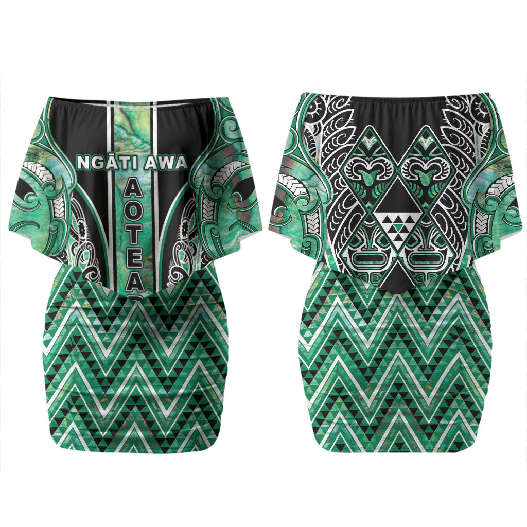 Aotearoa Ngati Awa Couples Matching Off Shoulder Short Dress and Long Sleeve Button Shirt Maori Tribal Green Marble Paua Shell Pattern DT05 - Polynesian Pride