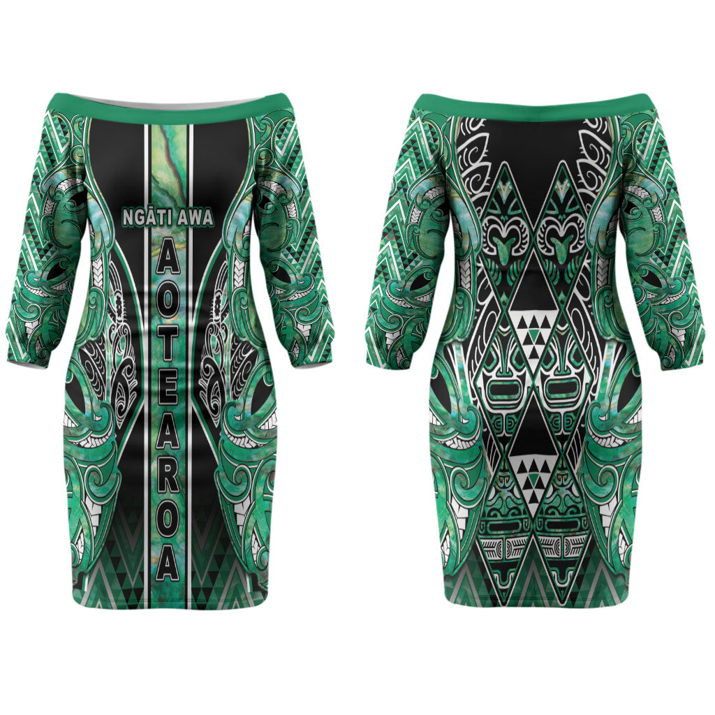 Aotearoa Ngati Awa Couples Matching Off The Shoulder Long Sleeve Dress and Long Sleeve Button Shirt Maori Tribal Green Marble Paua Shell Pattern DT05 - Polynesian Pride