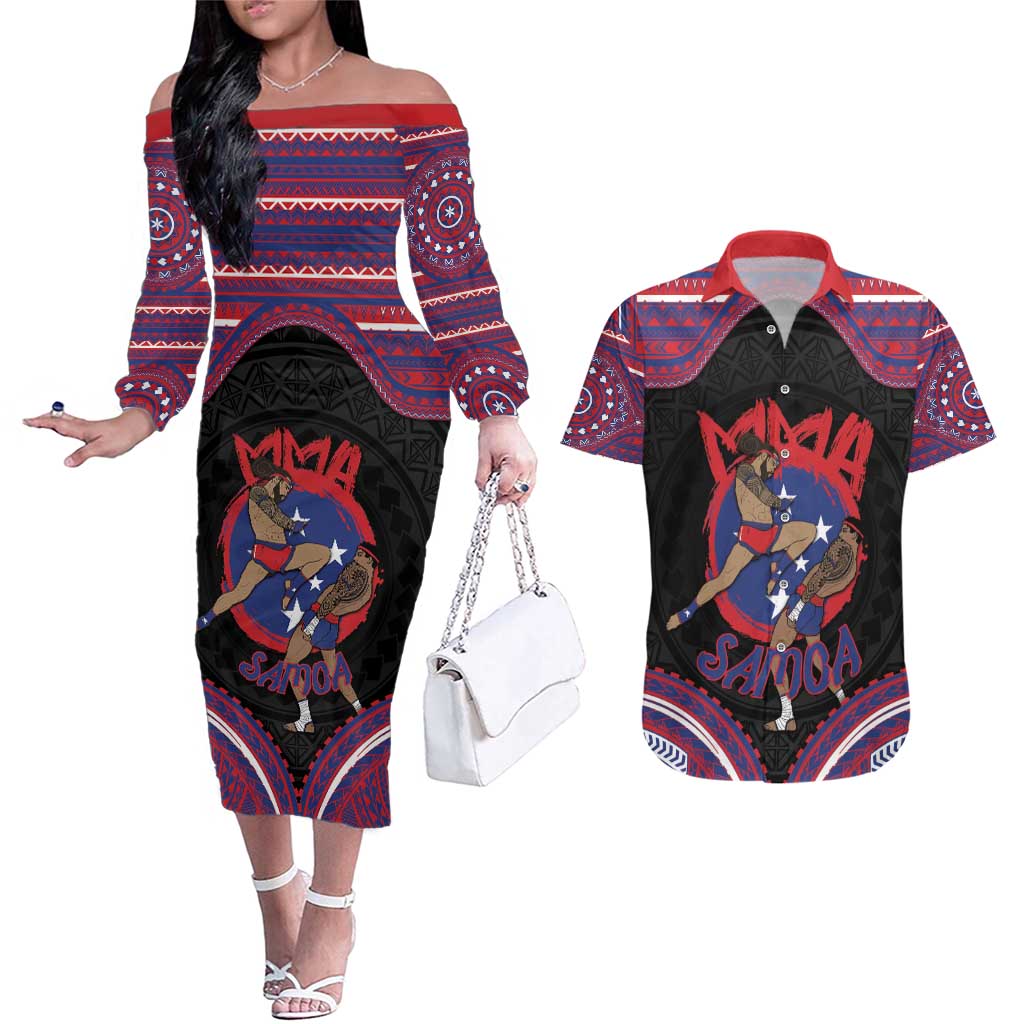 Personalised Samoa Mixed Martial Arts Couples Matching Off The Shoulder Long Sleeve Dress and Hawaiian Shirt Flying Knee Of Samoan DT05 Black - Polynesian Pride