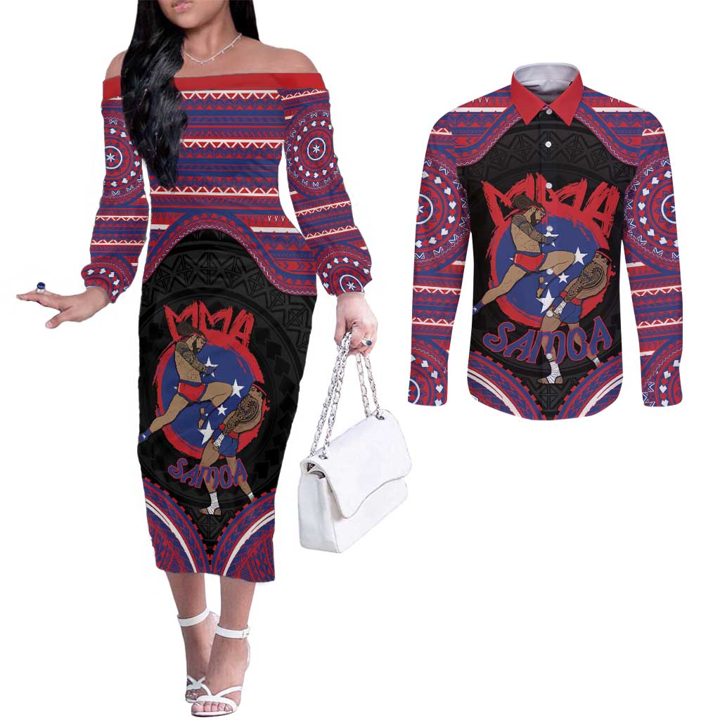 Personalised Samoa Mixed Martial Arts Couples Matching Off The Shoulder Long Sleeve Dress and Long Sleeve Button Shirt Flying Knee Of Samoan - Polynesian Pride