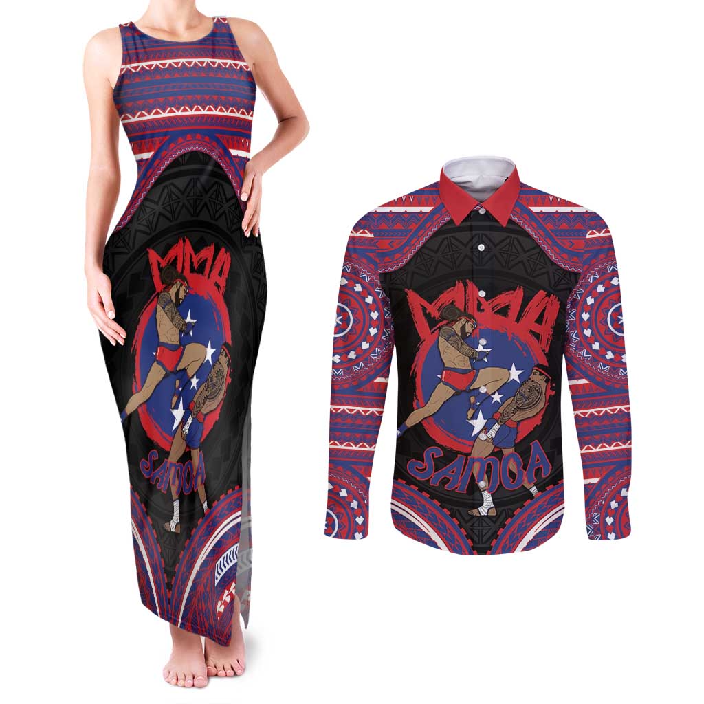 Personalised Samoa Mixed Martial Arts Couples Matching Tank Maxi Dress and Long Sleeve Button Shirt Flying Knee Of Samoan - Polynesian Pride