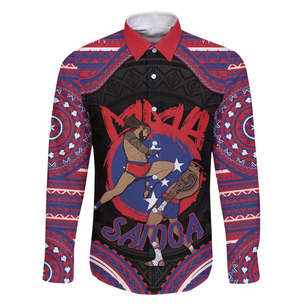 Personalised Samoa Mixed Martial Arts Family Matching Mermaid Dress and Hawaiian Shirt Flying Knee Of Samoan DT05 Dad's Shirt - Long Sleeve Black - Polynesian Pride