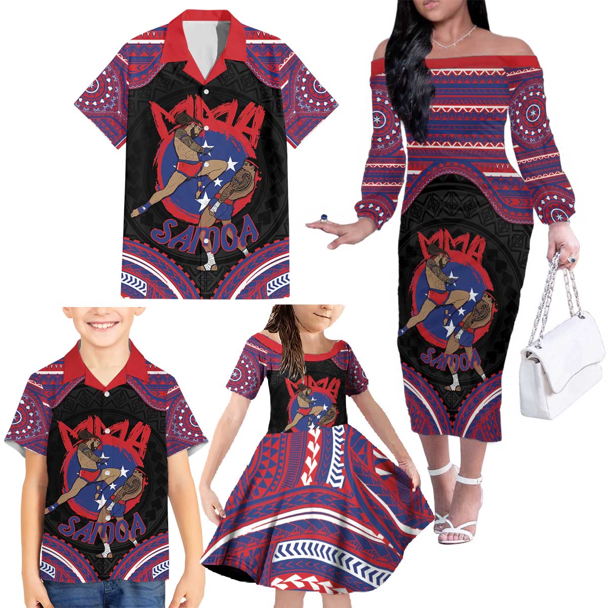 Personalised Samoa Mixed Martial Arts Family Matching Off The Shoulder Long Sleeve Dress and Hawaiian Shirt Flying Knee Of Samoan - Polynesian Pride