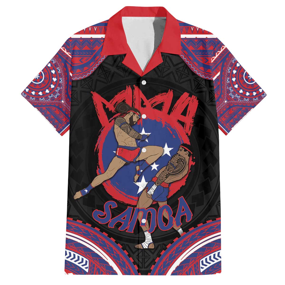 Personalised Samoa Mixed Martial Arts Family Matching Off The Shoulder Long Sleeve Dress and Hawaiian Shirt Flying Knee Of Samoan DT05 Dad's Shirt - Short Sleeve Black - Polynesian Pride