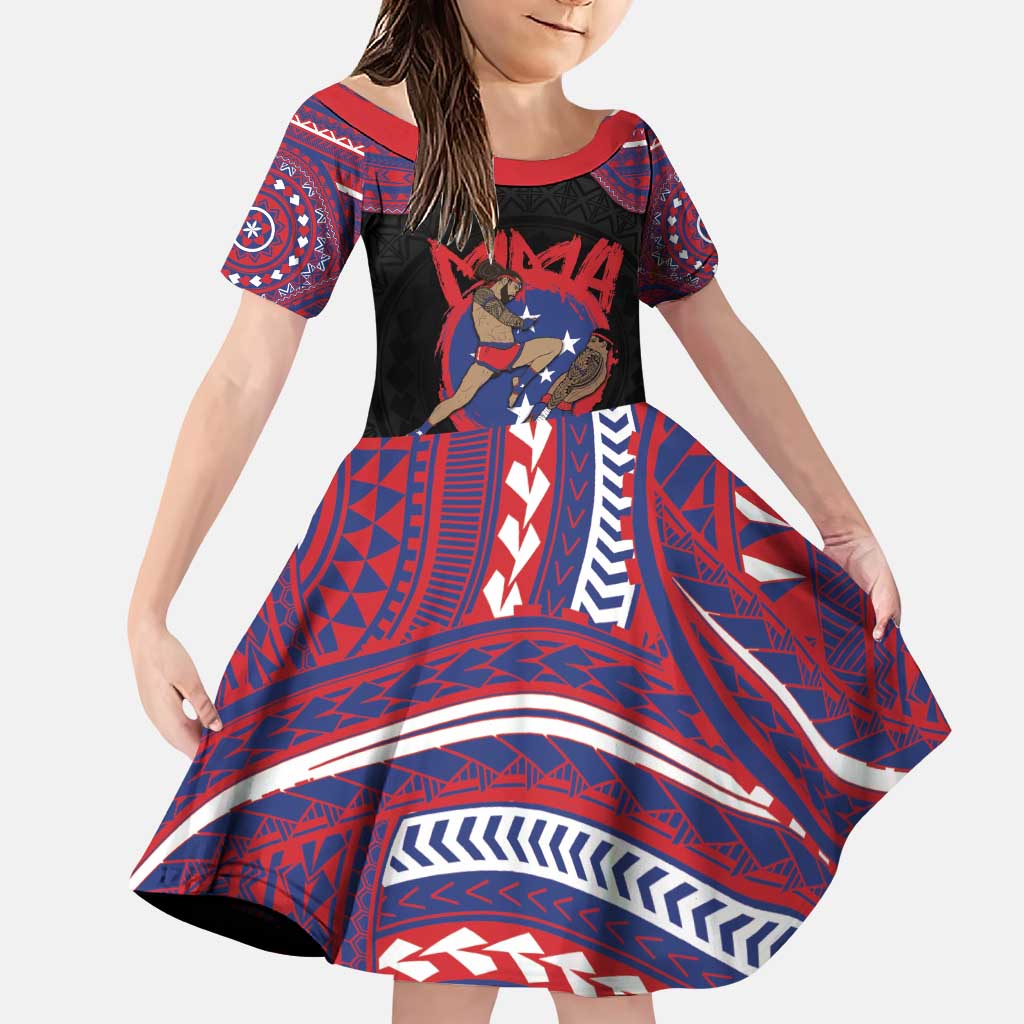 Personalised Samoa Mixed Martial Arts Family Matching Puletasi and Hawaiian Shirt Flying Knee Of Samoan DT05 Daughter's Dress Black - Polynesian Pride