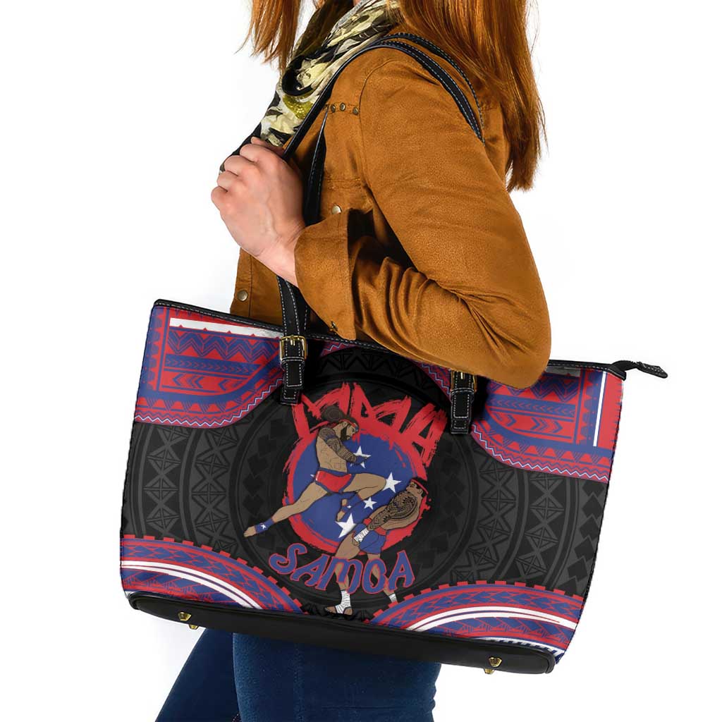 Samoa Mixed Martial Arts Leather Tote Bag Flying Knee Of Samoan DT05 Black - Polynesian Pride