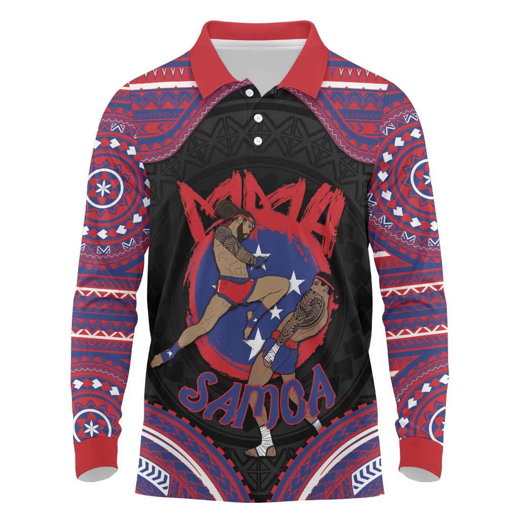 Personalised Samoa Mixed Martial Arts Long Sleeve Polo Shirt Flying Knee Of Samoan DT05 Black - Polynesian Pride
