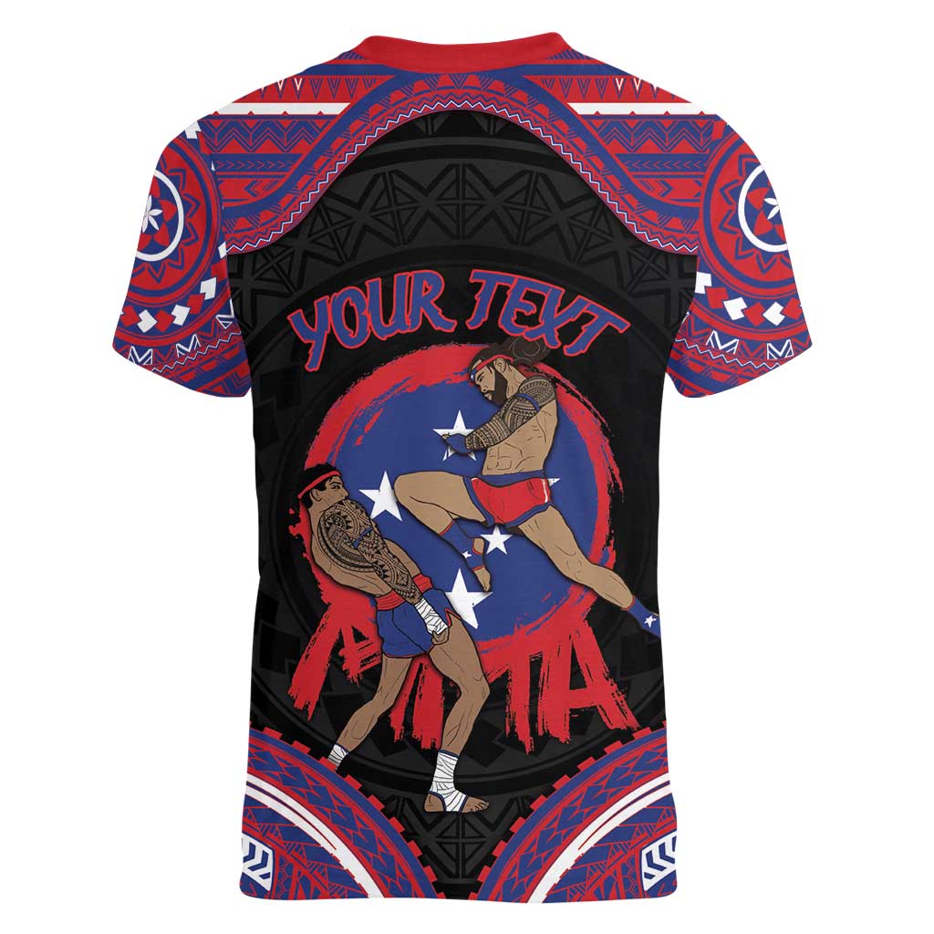 Personalised Samoa Mixed Martial Arts Women V-Neck T-Shirt Flying Knee Of Samoan DT05 - Polynesian Pride